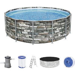 Каркасний басейн Bestway Power Steel, 427 x 122 см, комплектація з фільтруючим насосом, круглий, кам'яний вигляд