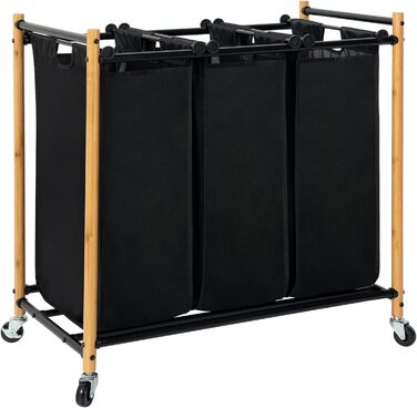 Сортувальник для білизни Storage Maniac з 3 відділеннями, 136 л, з міцними колесами, знімні кишені, бамбук