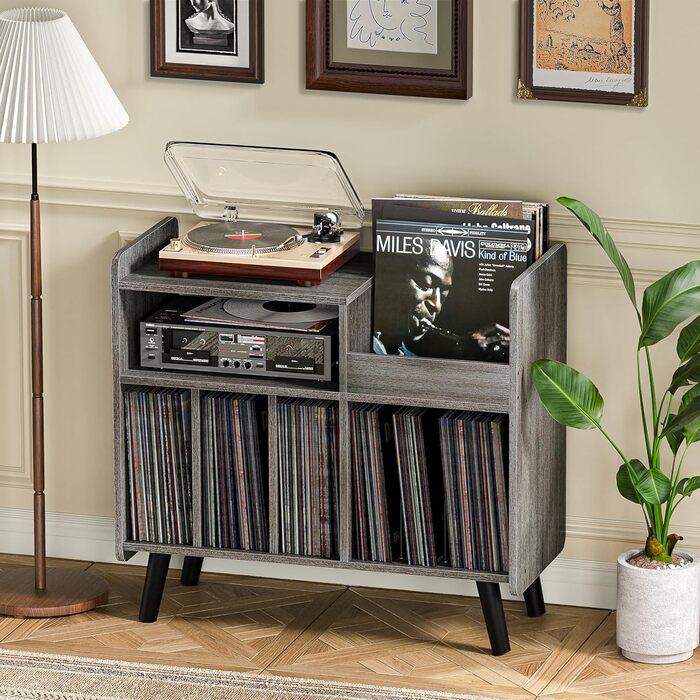 Стіл для програвача, стійка для вінілових пластинок середини століття з місцем для зберігання до 350+ альбомів, шафа для вінілу з регульованими полицями (Сірий)