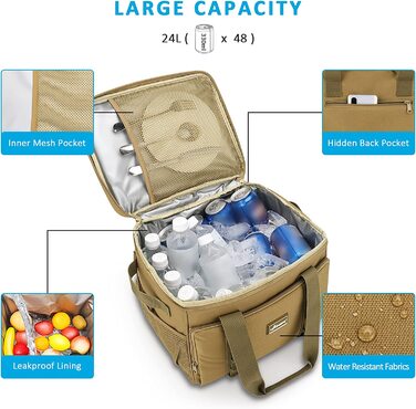 Велика сумка-холодильник Upeelife 24 л з м'яким плечовим і ручним ременем, ізольована сумка-холодильник, рюкзак, водонепроникна сумка для пікніка для обіду, сім'я, активний відпочинок, пляж, пікнік, кемпінг хакі