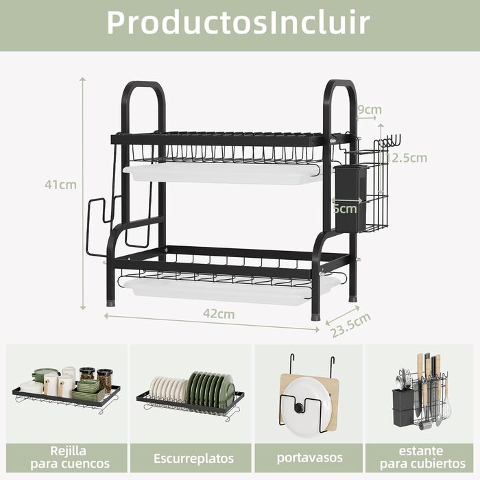 Сушарка для посуду NETEL 2-ярусна, чорна: з піддоном, тримачем для столових приборів, підставкою для ножів та склянок