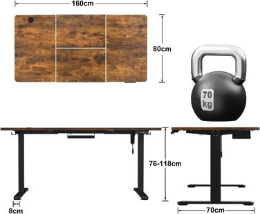 Електричний столик Devoko 160x80 см з USB-зарядкою, регульована висота, сталевий, 3 позиції пам'яті, панель керування, вінтажний колір (rustikales Braun)