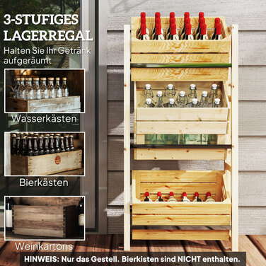 Стеллаж для напоїв на 3 ящики, дерев'яний. Трирівнева конструкція, розміри 56 x 32 x 112 см, виготовлений з натурального дерева.