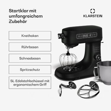 Кухонна машина Klarstein Chiara 1600W: 5л чаша з нержавіючої сталі, 12 швидкостей, LCD-дисплей, тиха робота (≤72 дБ), набір для випічки, корпус з алюмінію, чорний колір