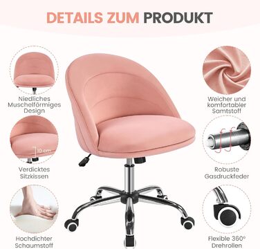 Крісло Yaheetech для дому та офісу: регульоване, обтягнуте велюром, з поворотним механізмом, до 136 кг, білий/рожевий
