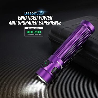 Світлодіодний ліхтарик OLIGHT Baton 3 Pro холодного білого кольору, дуже яскравий 1500 люмен 175 метрів USB-акумуляторний ліхтарик з 6 режимами освітлення, 120 днів яскравості IPX8 водонепроникний портативний ліхтарик (пустельний загар) (фіолетовий нейтра