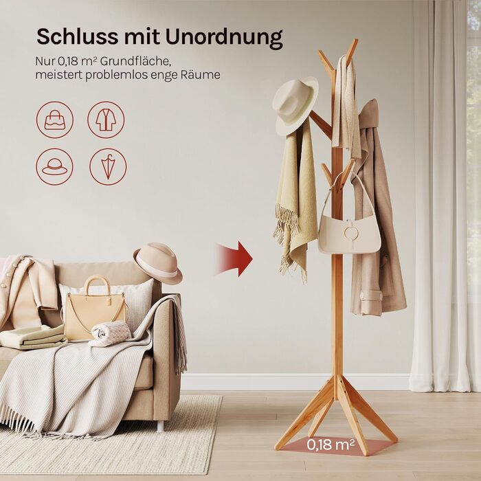 Вільхувана вішалка для одягу WOLTU з 8 гачками, 180 см, дерев'яна, настінна, для дому
