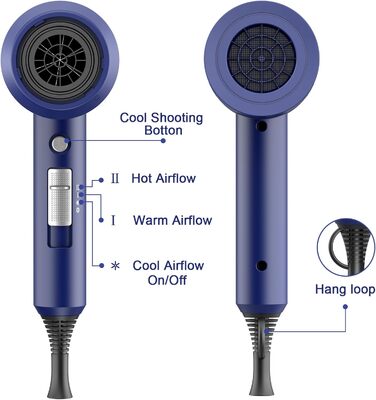 Іонний фен з двигуном змінного струму 1800 Вт, фен для швидкого сушіння волосся Slopehill, салонний фен з кнопкою гарячого/холодного, 3 концентратори та дифузор фена, 3 налаштування температури, 2 швидкості (темно-синій)