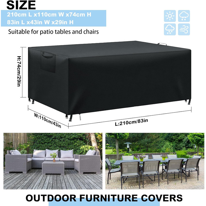 Водонепроникний чохол для садовой меблів, захисний, анти-УФ, міцний, 420D Oxford, для садової групи, столів, тераси (180x120x74 см, чорний)