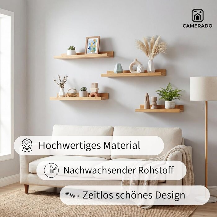 Camerado Набір з 2 бамбукових полиць-карнизів 60 см - настінне дерев'яне полиця з кріпленнями та заглушками