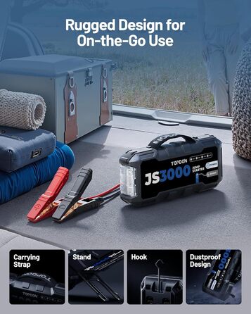 TOPDON JS3000 Powerbank-пускозарядний пристрій для авто, 24000mAh, 3000A, сумісний з бензиновими (9L) та дизельними (7L) двигунами, вбудований LED, EVA-сумка