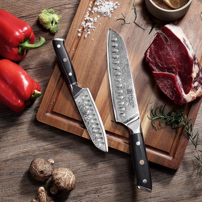Набір кухонних дамаскових ножів PAUDIN, 3 предмети, ультрагострий Santoku з 67-шарової дамаської сталі з японським VG10 ядром, ергономічна ручка G10