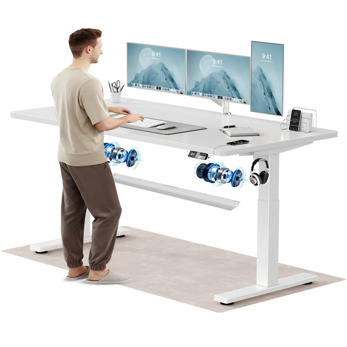 Електричний підйомний стіл Devoko 180x80 см, ергономічний комп'ютерний стіл для роботи стоячи та сидячи, двомоторний привід, пам'ять, USB-C, білий