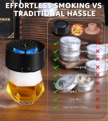 Електричний набір для копчення віскі з LED-підсвічуванням, 6 ароматів деревини, без бутану, перезаряджається, вінтажний, барний аксесуар, подарунок для чоловіків, батька, чоловіка
