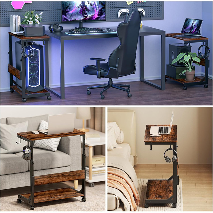 Регульована підставка для комп'ютерного блоку з 2 полицями та місцем для зберігання – для корпусів ATX, принтерів, з фіксуючими роликами (Темно-коричневий, B64 x T34 x H59-84,5cm)