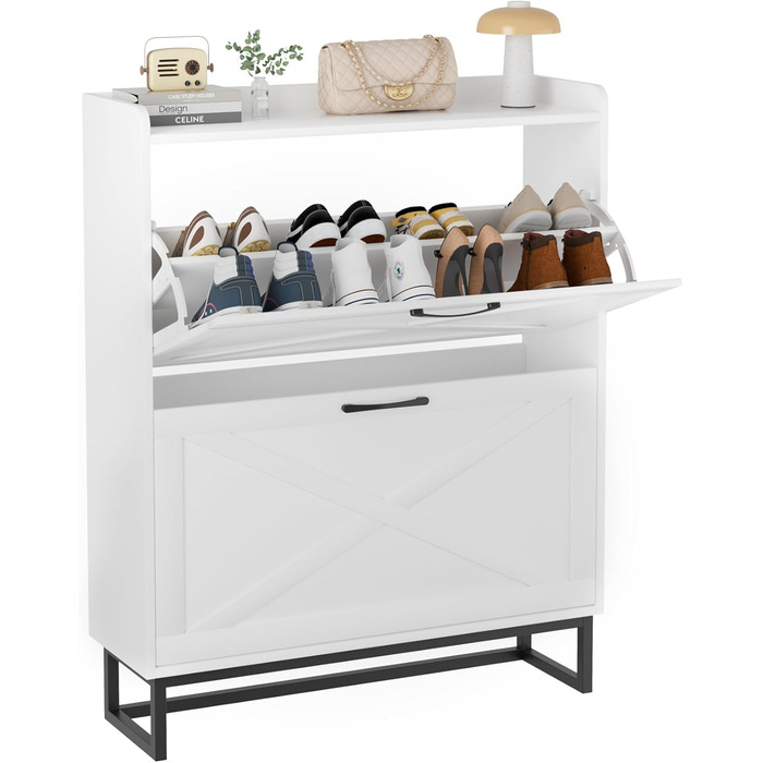 Шафа для взуття з 2 дверцятами, полиця для взуття в передпокій, вузька шафа-кіпер для взуття з 4 полицями, тумба для взуття з металевими ніжками, органайзер для взуття з дерева для стіни, 80x23,8x101,7 см, білий