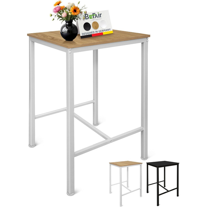Барний стіл BeFair з дуба та білого кольору, 60x60 см, індустріальний дизайн, металеві ніжки, з підніжкою