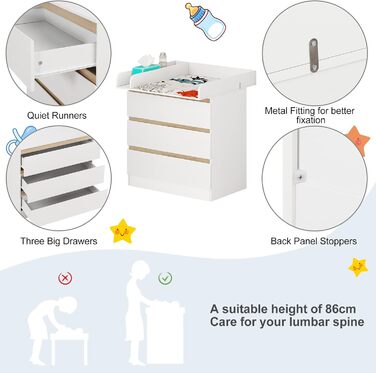 Комод для переодягання з пеленальним столиком WOLTU, 3 шухляди, білий+дуб, захист від перекидання, 86 см