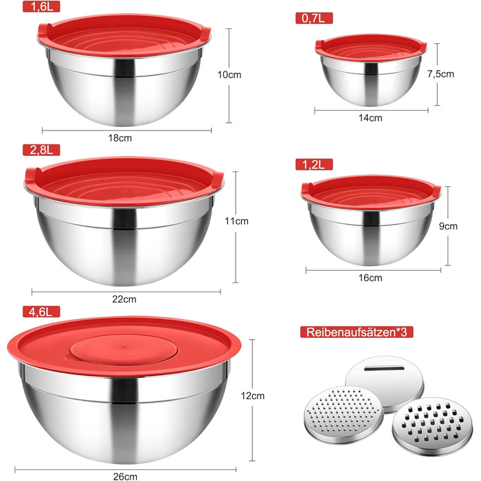 Набір мисок Homikit, 5 шт. з нержавіючої сталі, з кришкою та силіконовим дном, мультифункціональний, для салатів, 6.6L / 3.5L / 2.5L / 1.5L / 1L (червоний, з 3 тертками)