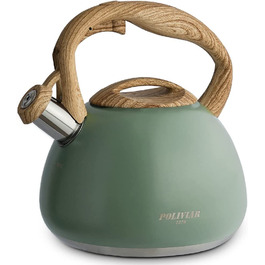 Сучасний індукційний чайник Poliviar, Чайник зі свистком з нержавіючої сталі, чайник для всіх конфорок, флейтовий чайник з деревною зернистістю
