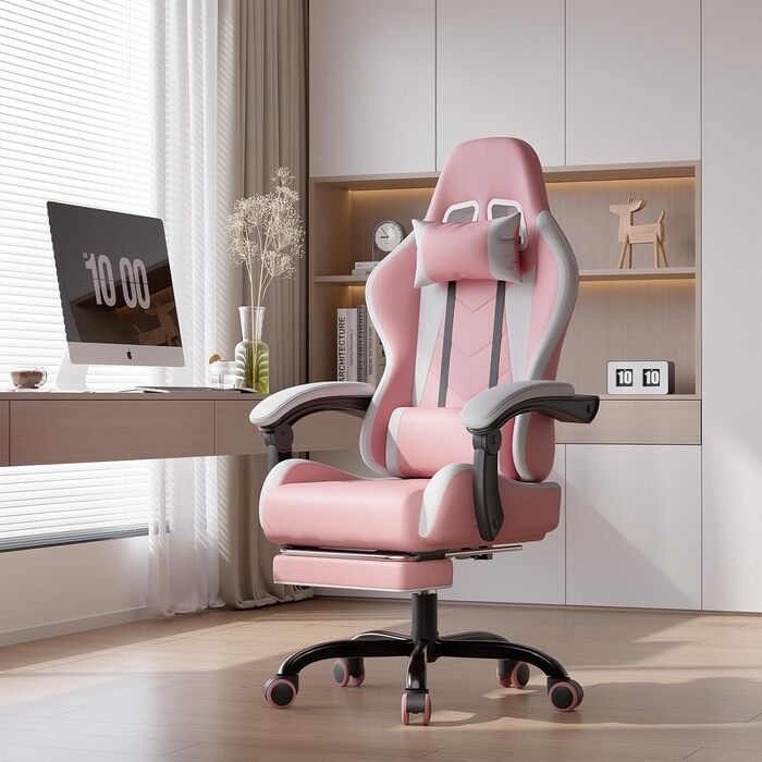 Ігровий крісло JUMMICO з масажем, ергономічний офісний стілець з підголовником, регульована спинка 90-135°, підставка для ніг, витримує до 150 кг (Рожевий, Компактний)