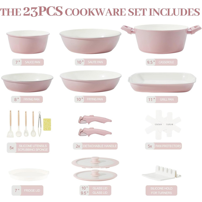 Набір каструль та сковорідок 23 частини з антипригарним покриттям. Керамічний набір посуду з знімними ручками, сумісний з усіма типами плит та духовкою. Без PFAS, PTFE, PFOA. Кремово-білий колір.