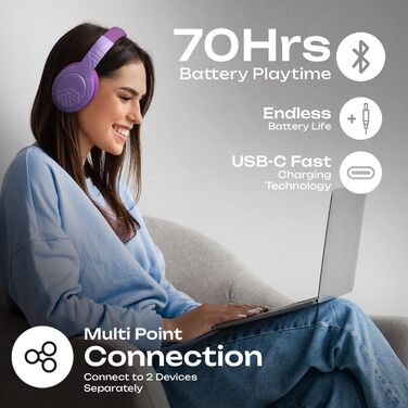 Накладні навушники PowerLocus Bluetooth, час відтворення 70 годин, Hi-Fi баси, складні, з мікрофоном (фіолетовий)