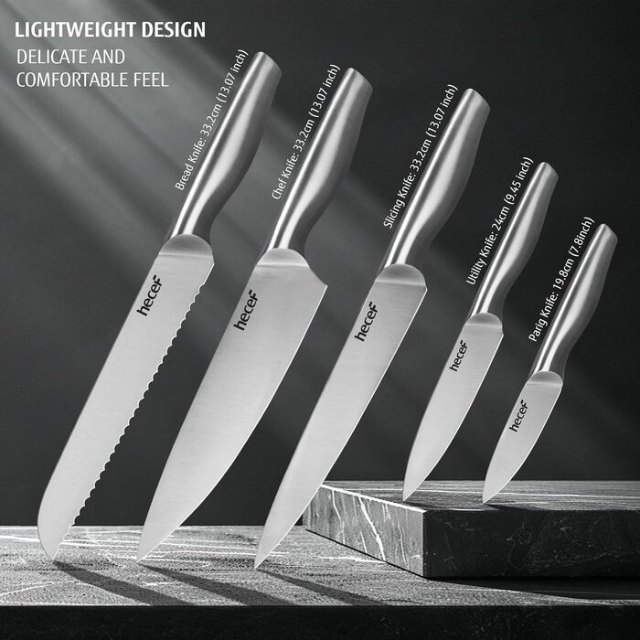 Набір ножів Hecef 6 предметів з підставкою, нержавіюча сталь, кухонні ножі, ергономічні ручки, подарункова коробка