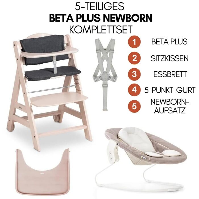 Високий стільчик для годування Hauck Beta+ Newborn Set - комплект для новонароджених, від народження з 2-в-1 функцією гойдалки, подушкою для сидіння та підносом для їжі (Whitewashed)