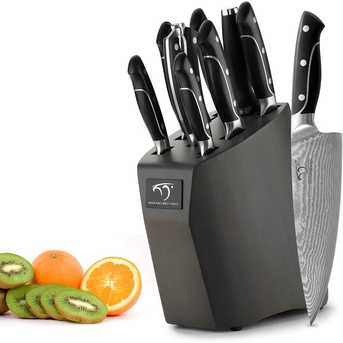 Набір кухонних ножів NANFANG BROTHERS з дамаської сталі 9 дюймів з дерев'яним блоком (дуб), професійний кухонний набір, VG10 сталь