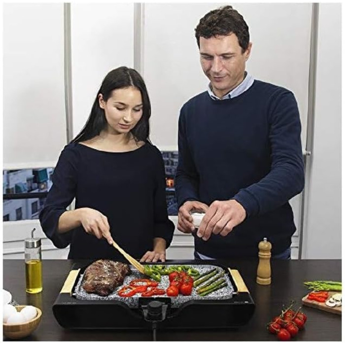 Електрична гриль-плита Cecotec Rock&Water 2000. RockStone з регулюванням температури, миється в посудомийній машині, 40 x 20 см, 2200 Вт (сірий та чорний)