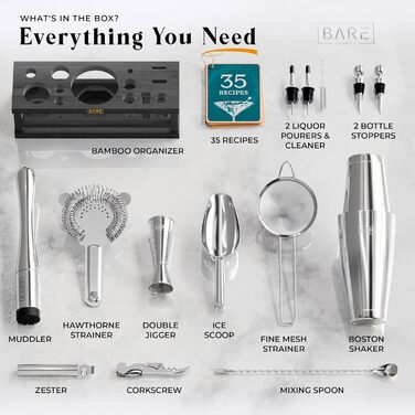 Набір бармена BARE BARREL® Mixology: 16 предметів для приготування коктейлів | Шейкер для Мартіні | Набір барного посуду для дому | 35 рецептів | Подарунковий набір (793.8 г Boston Shaker, срібний/чорний, 28oz)