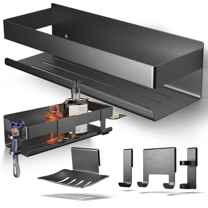Набір для зберігання в душі Henal 5 в 1: поличка, тримач для бритви, скребок для скла, мильниця та гачки. Організатор для ванної кімнати XXL, не потребує свердління, з нержавіючої сталі, матовий чорний