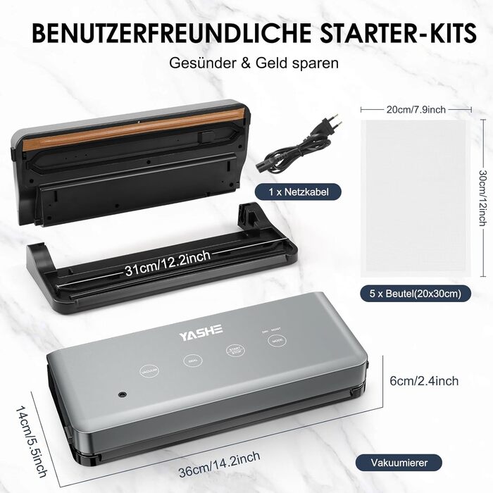 Вакууматор YASHE 5-в-1 з режимами для сухих та вологих продуктів, ширина шва 30 см, для Sous-Vide та консервації м'яса, риби, овочів та фруктів