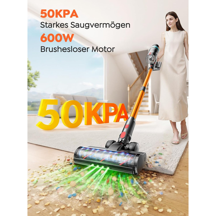 Бездротовий акумуляторний пилосос 50KPA/600W з подовжуваним шлангом 1м, стійка підставка, автоматичний режим, насадка проти ковтунів, багаторівнева фільтрація для килимів/твердих поверхонь/автомобіля