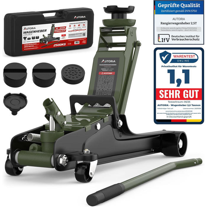 Гідравлічний домкрат Wagenheber 2.5T низькопрофільний для легкових авто та авто з низькою посадкою, зелений оливковий, до 2500 кг, з кейсом та 3 гумовими накладками