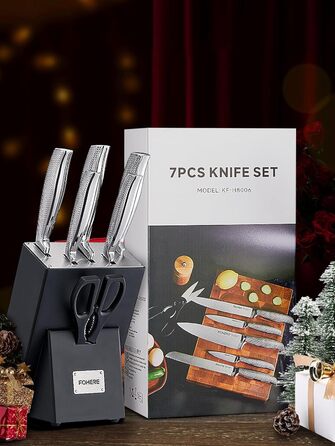 Набір ножів FOHERE 7 предметів з автозаточкою, професійний кухонний набір, з дерев'яним блоком, нержавіюча сталь, ергономічні ручки, ідеальний подарунок