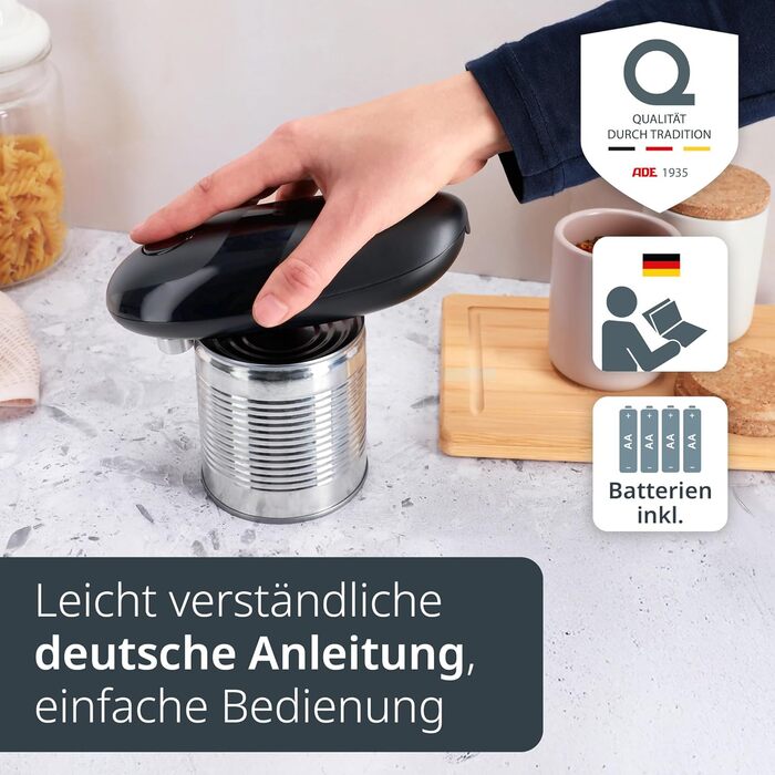 Електричний відкривач банок ADE | для літніх людей | з магнітом та гачком | без гострих країв | з батарейками, чорний