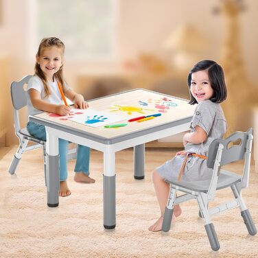 Дитячий стіл зі стільцями, дитяча група сидіння, регульована по висоті з HDPE та ABS, багатофункціональний дитячий стіл для дітей від 2 до 10 років, ергономічний набір столу та стільця для дитячої кімнати, 60*60 см, сірий