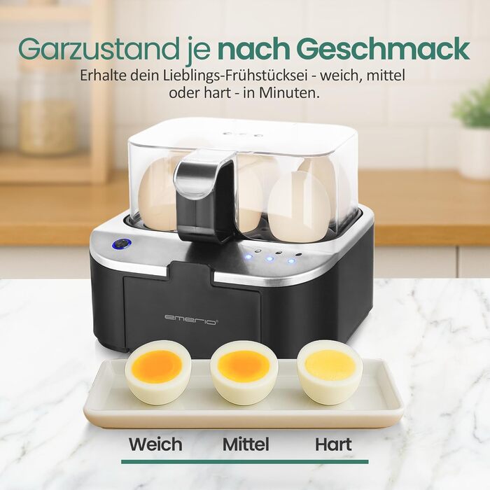 Електричний яйцеварка Emerio SIEGER: 3 ступені нагріву, голосове сповіщення, BPA Free, EB-123177.1, чорний/сріблястий