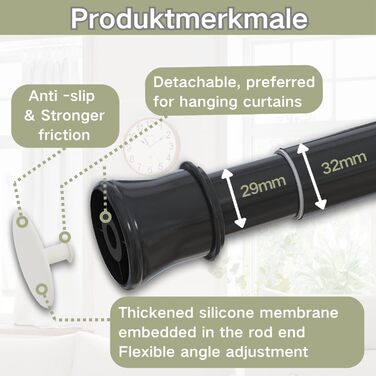 Телескопічний карниз для штор без свердління та гвинтів, розсувна штанга для ванної кімнати та шафи, 85-265 см (Ø 32 мм), чорний