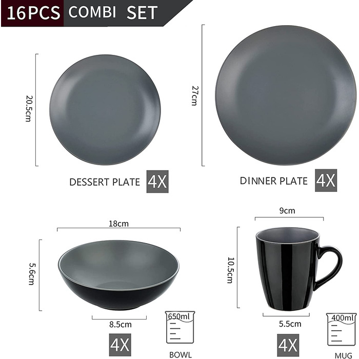 Комбінований сервіс глиняний посуд, Набір посуду vancasso lento з 48 предметів, сучасна їдальня на 12 осіб (світло-сірий, 16 предметів(LENTO))