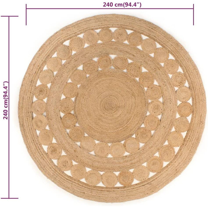 Дизайн килима VidaXL, плетений візерунок ручної роботи з джуту, 120 см, круглий, для вітальні (240 см)