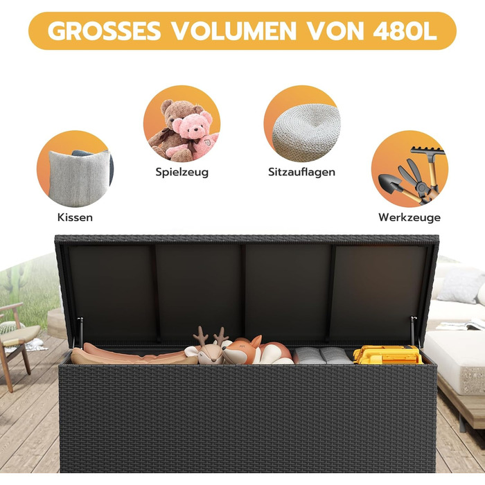 Водонепроникна садовий ящик-бокс UDPATIO з колесами 480л, чорний 138x61 см для саду та балкону