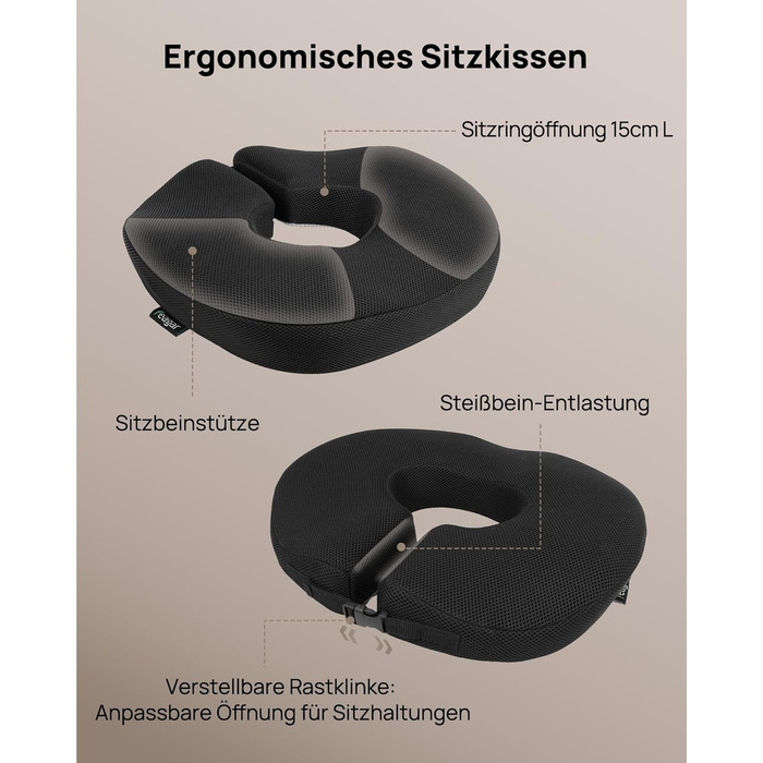 Ортопедична подушка-кільце Feagar: регульований ергономічний подушка-пончик для копчика, геморою та післяпологового відновлення, підходить для авто, офісного крісла та візка, чорна, великий розмір (90-140 кг)