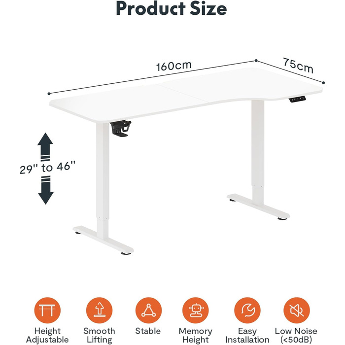 Електричний стіл 160 x 75 см зі стільницею (з гачком/тримачем для пляшок), Стоячий стіл, Регульований по висоті стіл зі стільницею, функцією пам'яті, для домашнього офісу (білий) 160x75см Білий