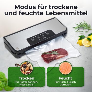 Вакууматор KLAMER Vakuumierer Pro 80 (2025) для сухих та вологих продуктів, для Sous Vide, сріблястий, з пакетами та шлангом