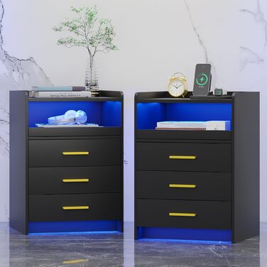 Нічний столик FREDEES з LED-підсвічуванням, ящиком, зарядкою та датчиком руху, сірий (2), чорний