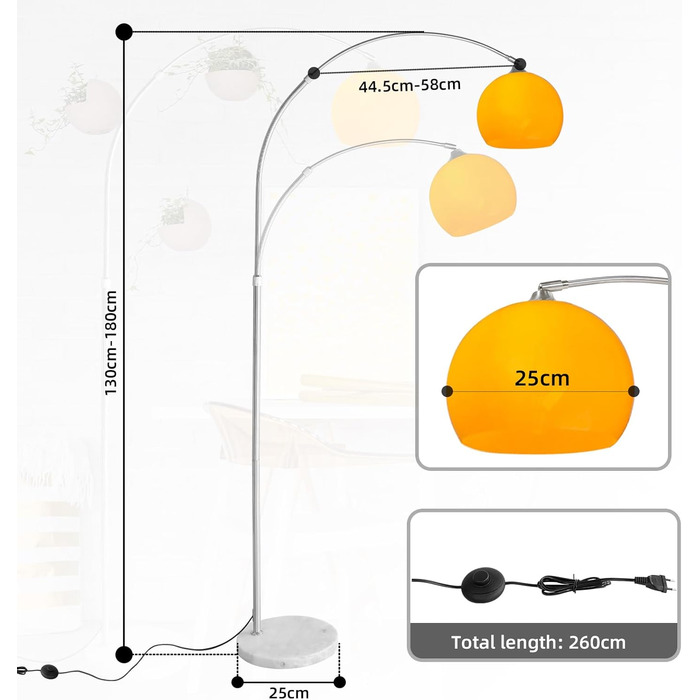 Дуговий світильник CCLIFE LED E27 регулюється по висоті, мармурова основа, білий/помаранчевий, 145-220 см