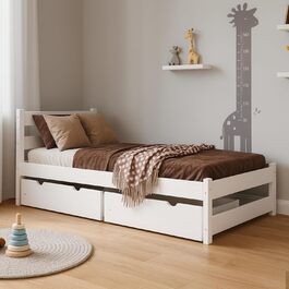 Ліжко дитяче Вробель Kinderbett 90x200 см з 2 шухлядами та ламелями - односпальне ліжко з масиву сосни - ліжко Монтессорі для дітей та підлітків, біле - без матрацу 90 x 200 см